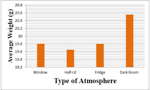 GROWING BREAD MOULD 5 Table 1: Type of atmosphere and Average Weight of the two slices of bread Type of Atmosphere Average Weight (g) Window 19.8 Half-lit 19.65 Fridge 19.8 Dark Room 20.