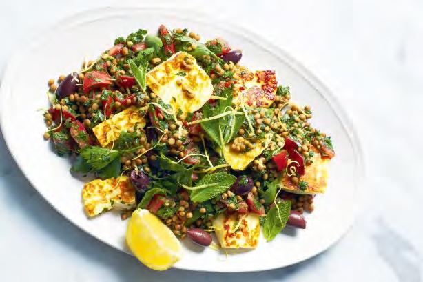 Lentil tabouleh with haloumi Serves: 4 Prep time: 10 mins Cooking time: 5 mins Total time: 15 mins Each portion contains: Calories 360-1 bunch flat-leaf parsley, leaves picked - Handful of mint