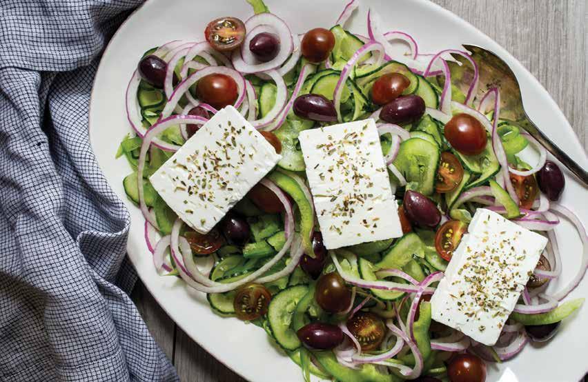 SIDES AND DESSERT 20 Greek Salad 1 large English Cucumber, ends trimmed 1 small red onion 1 green bell pepper 1 cup cherry tomatoes, halved 1/3 cup Kalamata olives 4 ounces block feta cheese 1