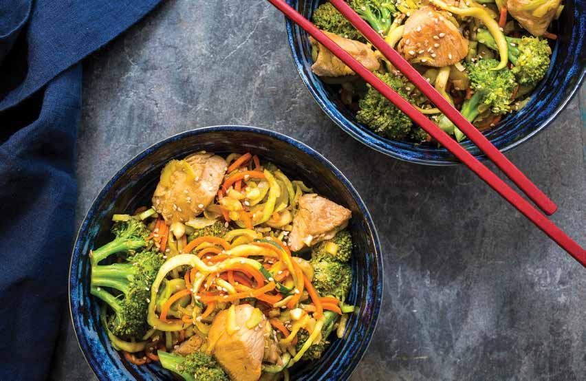 FISH AND MEAT DISHES 8 Chicken, Broccoli and Vegetable Noodle Stir Fry 1lb bone-less, skinless chicken breast, cut into 1 inch pieces 1 head broccoli + 1-2 additional broccoli stalks 1 medium