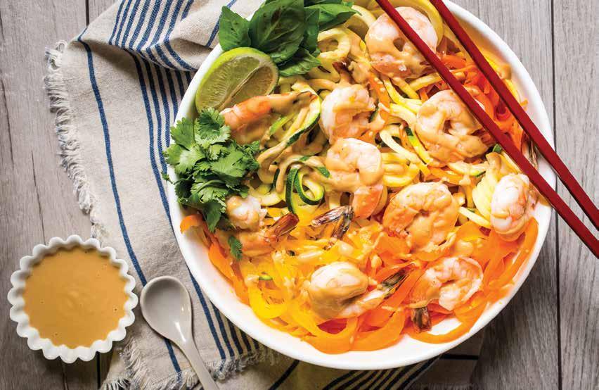 FISH AND MEAT DISHES 12 Thai Vegetable Noodle and Shrimp Salad 1 medium zucchini, ends trimmed 1 summer squash, ends trimmed 1 medium to large carrot, peeled and ends trimmed 1 yellow + 1 red bell