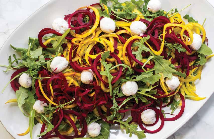 SIDES AND DESSERT Beet Noodle & Arugula Goat Cheese Salad 2 small to medium red beets 2 small to medium golden beets 2 cups baby arugula 3.
