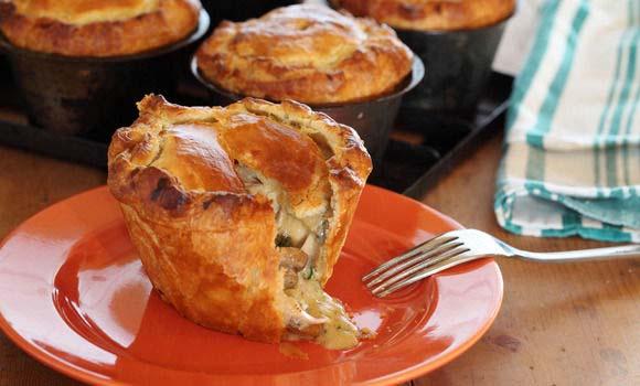 Chicken and mushroom pies Makes 10 12 muffin size or 1 large pie Add more or different vegetables if you like 2 tblsp butter 2 cups sliced mushrooms 1/2 onion, diced 1 cup green sliced shallots 1
