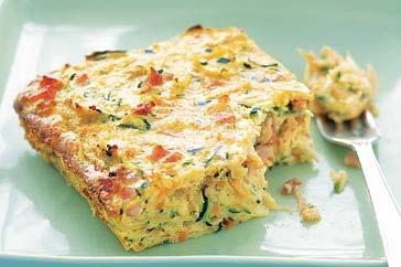 Zucchini and carrot slice Serves 4 1 medium carrot, peeled, grated 1 medium zucchini, grated 1 medium brown onion, finely chopped 50g sliced ham, or bacon finely chopped 1 garlic clove, crushed ½ cup