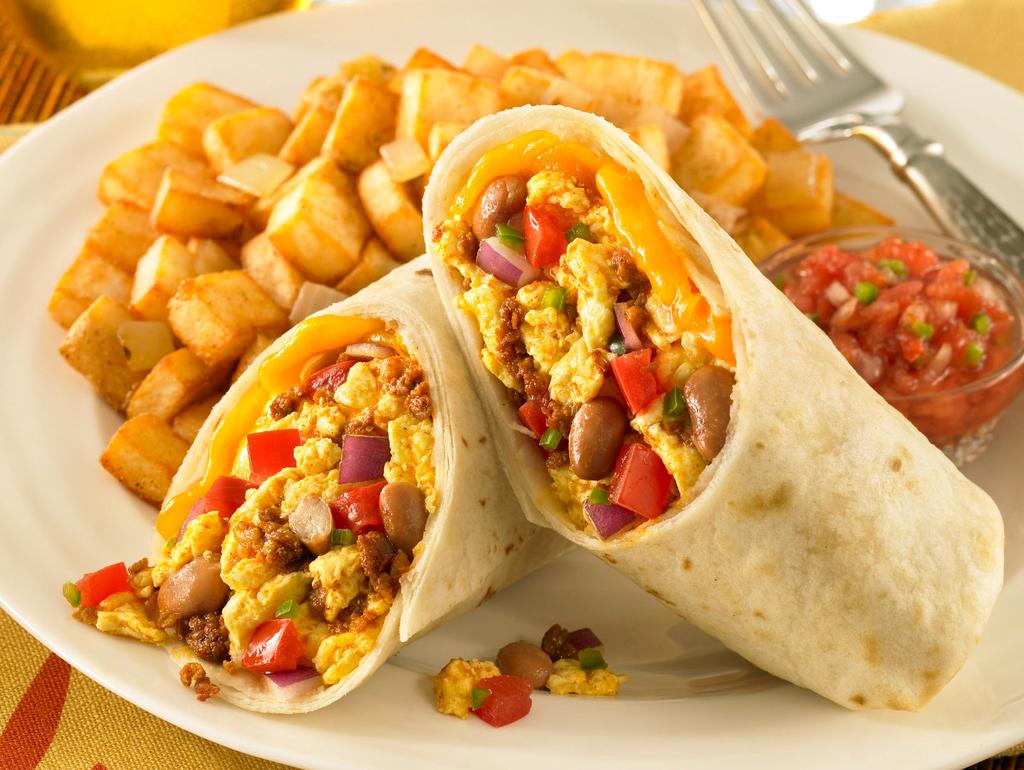 BREAKFAST BREAKFAST BURRITO Active time: 5 minutes Cook time: 2 minutes Yield: 4 servings SERVING INFO: 360 CALORIES, 7G FAT, 49G CARBOHYDRATES, 25G PROTEIN, 13G FIBER, 2G SUGAR 8 egg whites 1 small