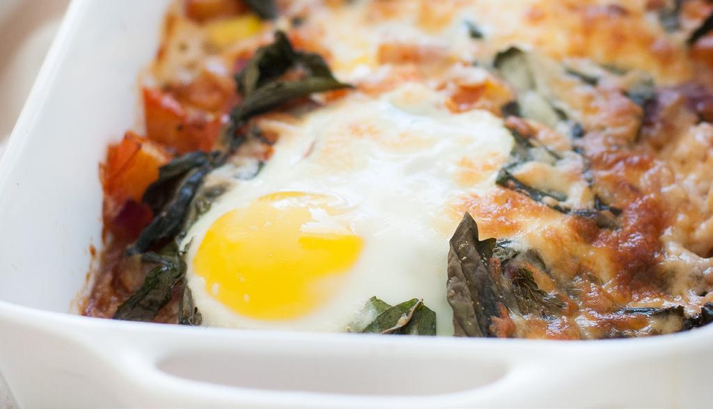 TUSCAN BAKED EGGS BREAKFAST Active time: 5 minutes Cook time: 15 minutes Yield: Serves 4 SERVING INFO: 160 CALORIES, 9G FAT, 6G CARBOHYDRATES, 15G PROTEIN, 1G FIBER, 3G SUGAR 2 teaspoons extra-virgin