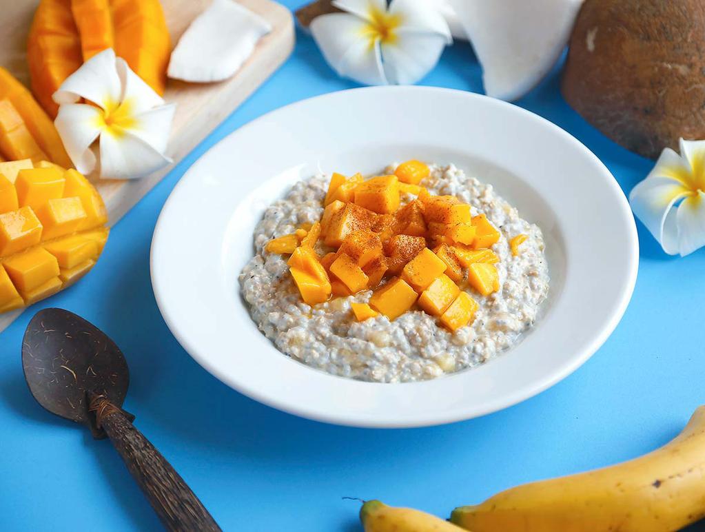 OVERNIGHT MANGO OATMEAL BREAKFAST Active time: 5 minutes Cook time: N/A Yield: 4 servings SERVING INFO: 380 CALORIES, 8G FAT, 68G CARBOHYDRATES, 18G PROTEIN, 9G FIBER, 13G SUGAR 2 cup steel cut