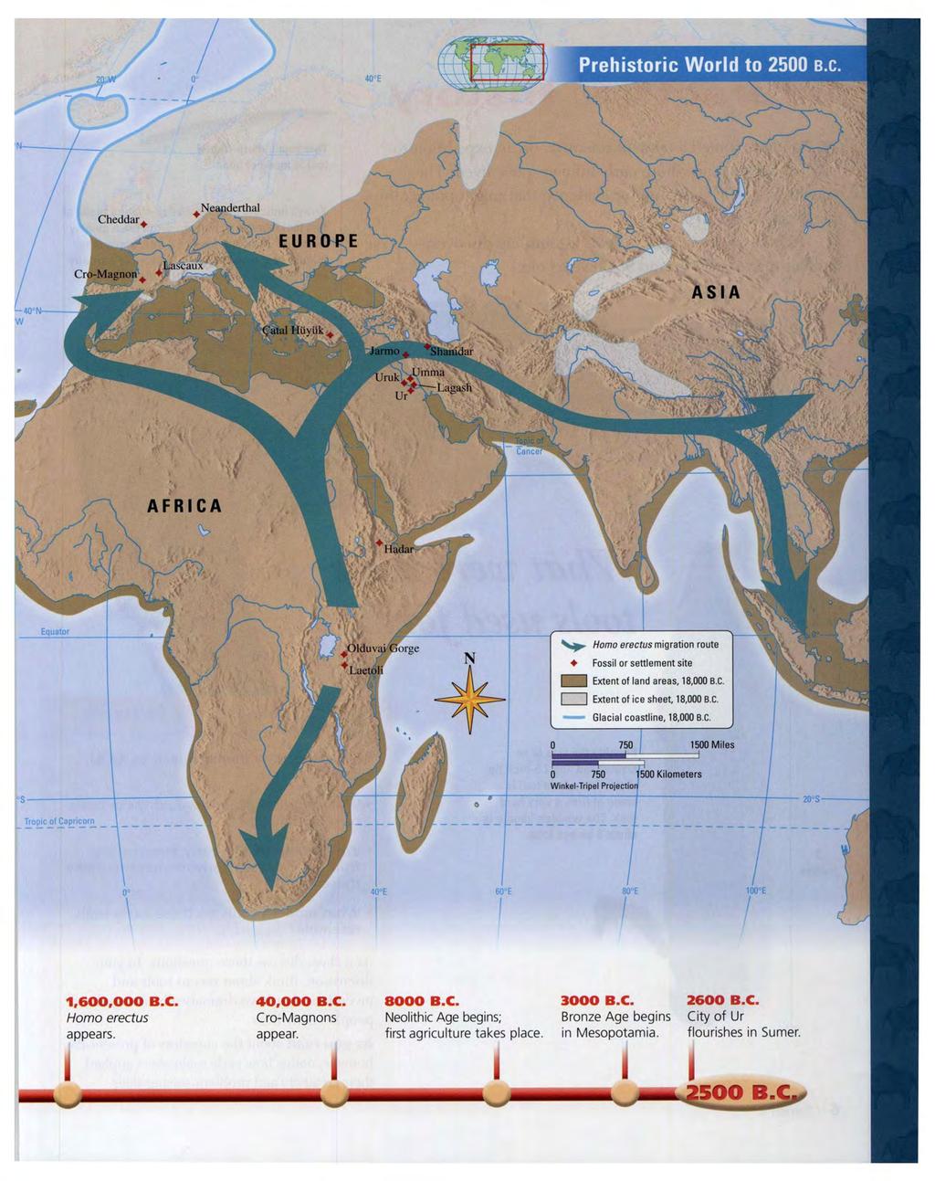 Prehistoric World to 2500 4'atal Hiiyiik + Hadar Equator y Homo erectus migration route Fossil or settlement site Extent of land areas, 18,000 B.C. Extent of ice sheet, 18,000 B.C. Glacial coastline, 18,000 B.