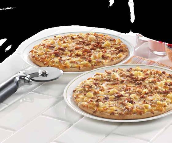 Bacon, eggs, and cheese on a delicious crust topped with a white country gravy to create this