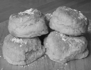 The scones should be approximately 5cms in diameter, well risen, straight sides, no flour on the base, thin golden crust top and bottom.