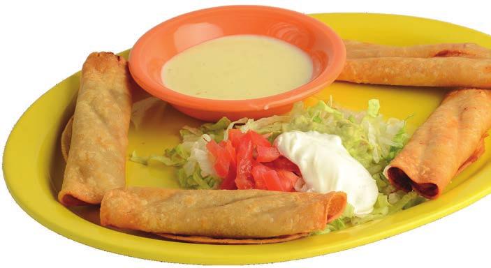99 Chimichangas Two chimichangas stuffed with your choice of chicken, ground beef or shredded beef, deep fried, topped with nacho sauce & served with tomatoes, sour cream, guacamole, lettuce, rice or