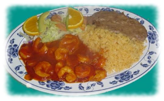 Camarones a la Diabla: Grilled shrimp sautéed in our extra hot, red sauce. Served with rice, beans, salad and warm tortillas... $15.