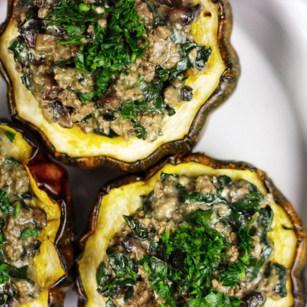 Stuffed Acorn Squash with Sausage, Kale and Mushrooms Active Time: 30 m Total Time: 1 hr 30 m To make sausage: 1 egg 1/3 pound ground beef, or turkey 1/8 pound liver, (optional use beef or poultry)