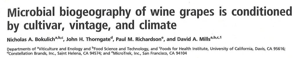 Proceedings of the National Academy of Sciences, 2013. regional, site-specific, and grape variety factors shape the fungal and bacterial consorta inhabiting wine-grape surfaces.