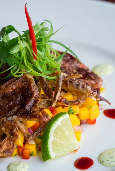 Fried Soft-Shell Crab Mains Crab Ingredients soft shell crabs (cleaned) ¼ cup all-purpose flour tsp Old Bay seasoning ¼ cup vegetable oil Mango Salsa Ingredients mango, peeled, cored & diced ¼ cup