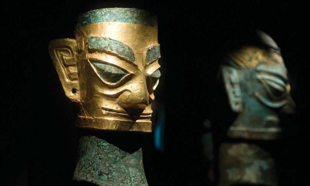 This gold-plated mask is on display at the Sanxingdui Museum. Similar masks and other artifacts surprised researchers as this style of art was unknown in Chinese art history until 1986.