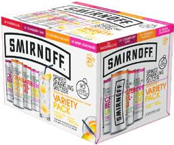 ABV: 5% Package: 12 oz. Bottles only Smirnoff Sparkling Seltzer 12 Pack Cube This variety pack includes Watermelon, Cranberry Lime, Orange Mango and Berry Lemonade. ABV: 4.