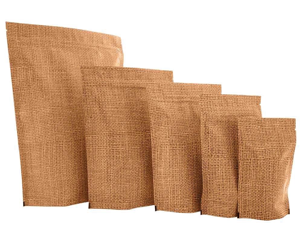 7 Stand up pouch with zipper Jute look high barrier bags : We have jute look matt finish stand up pouch with zipper bags in stock now. This bags are very good to pack organic produce.