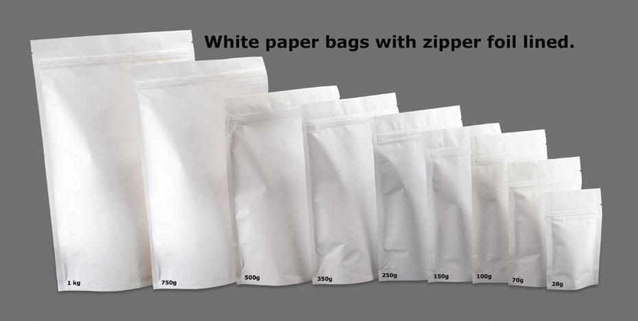 9 White paper stand up pouch with zipper : Stand up pouch with zipper is now available in brown paper on the top. This packaging looks completely natural and has that complete earthy look.