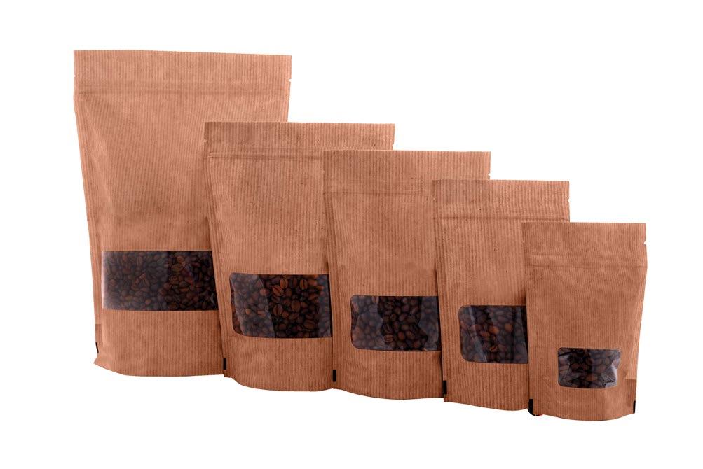 6 Stripped brown paper look stand up pouch with k seal bottom and rectangle window : This pouches looks natural and organic.