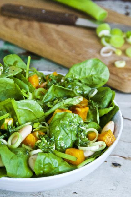 Spinach and Persimmon Salad with Parsley Mustard Dressing [Serves 2] 4 cups baby spinach 1 persimmon, cut into cubes 2 baby leeks, thinly sliced ½ cup white beans, drained and rinsed ¼ cup pinenuts