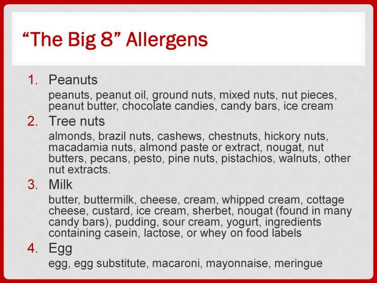 If a food product contains one of the 8 common allergens or an ingredient derived from one of these foods, FDA law requires that the product be labeled clearly with this information.
