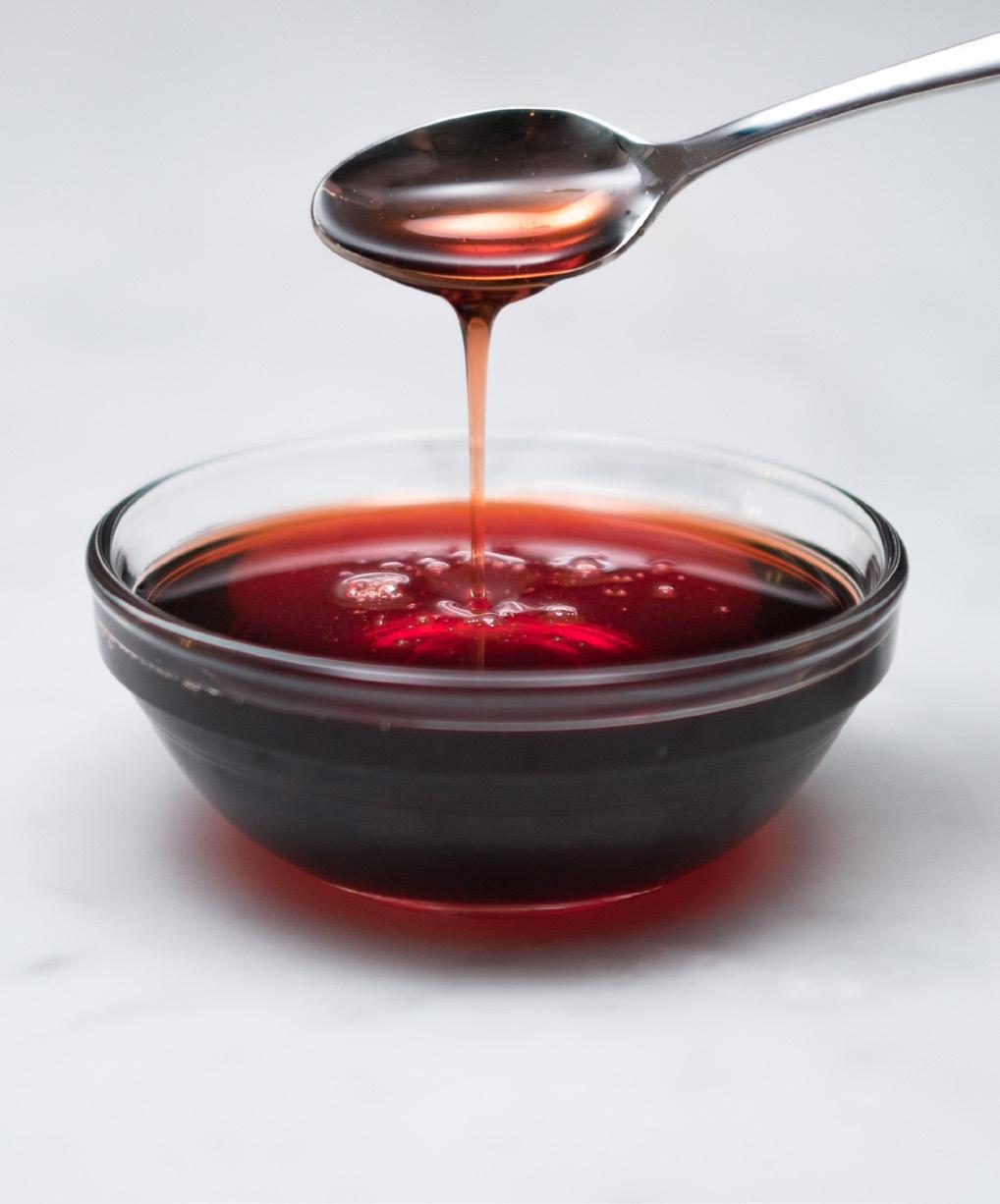 Alone, the plum-red liquid has the consistency of maple syrup and carries a pleasant, tart-cherry flavor that resembles pomegranate molasses.