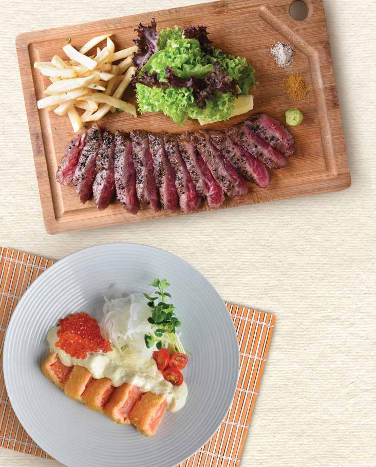 BEEF STEAK WITH TRUFFLE FRIES $22 ビーフステーキトリュフフライ付き Prime ribeye slices grilled to perfect tender-pink doneness, scaling in the juices and retaining its original flavour.