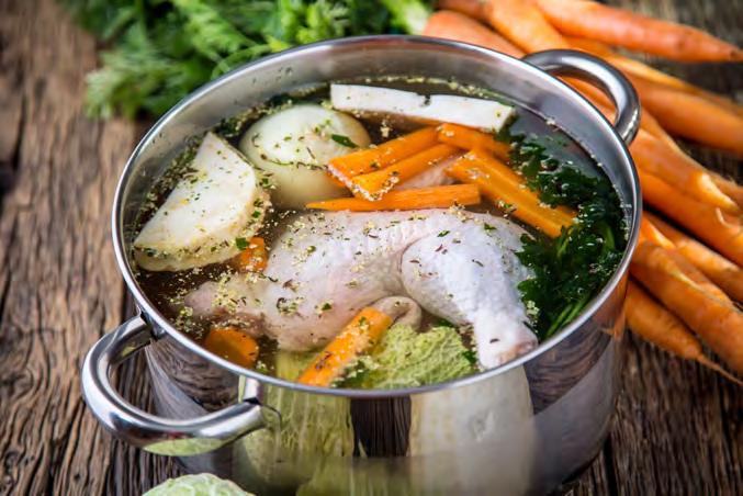 SOUPS Simple Bone Broth Prep Time: 15 min Cook Time: 6 to 8 hours for chicken or turkey and 8 to 12 hours for beef Yield: 10-12 cups 2 unpeeled carrots, scrubbed and roughly chopped 2 stalks celery,
