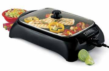 18 KITCHEN ELECTRICS 6111 INDOOR SMOKELESS HEALTH GRILL Non-stick, 15 x 11 in. grilling surface with adjustable temperature control. Ribbed surface drains grease away from food.