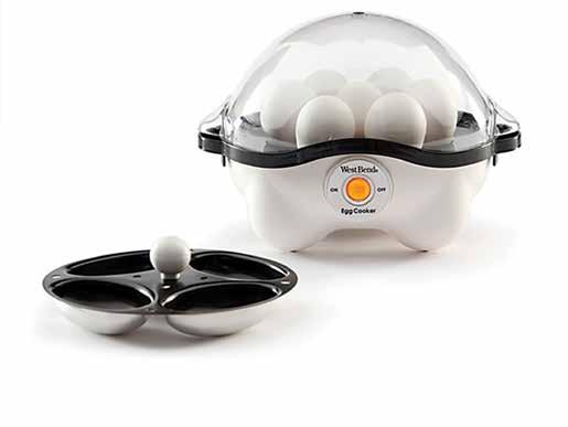 23 KITCHEN ELECTRICS KITCHEN ELECTRICS 23 86628 AUTOMATIC EGG COOKER Perfectly poach, hardboil and soft boil eggs. Timed cooking cycle with audible alert. Non-stick poaching pan is dishwasher safe.