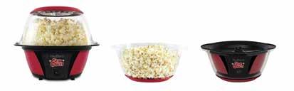 This stylish and functional design pops 6 quarts of popcorn in 4 minutes.   Features convenient cord storage and ON/OFF switch.