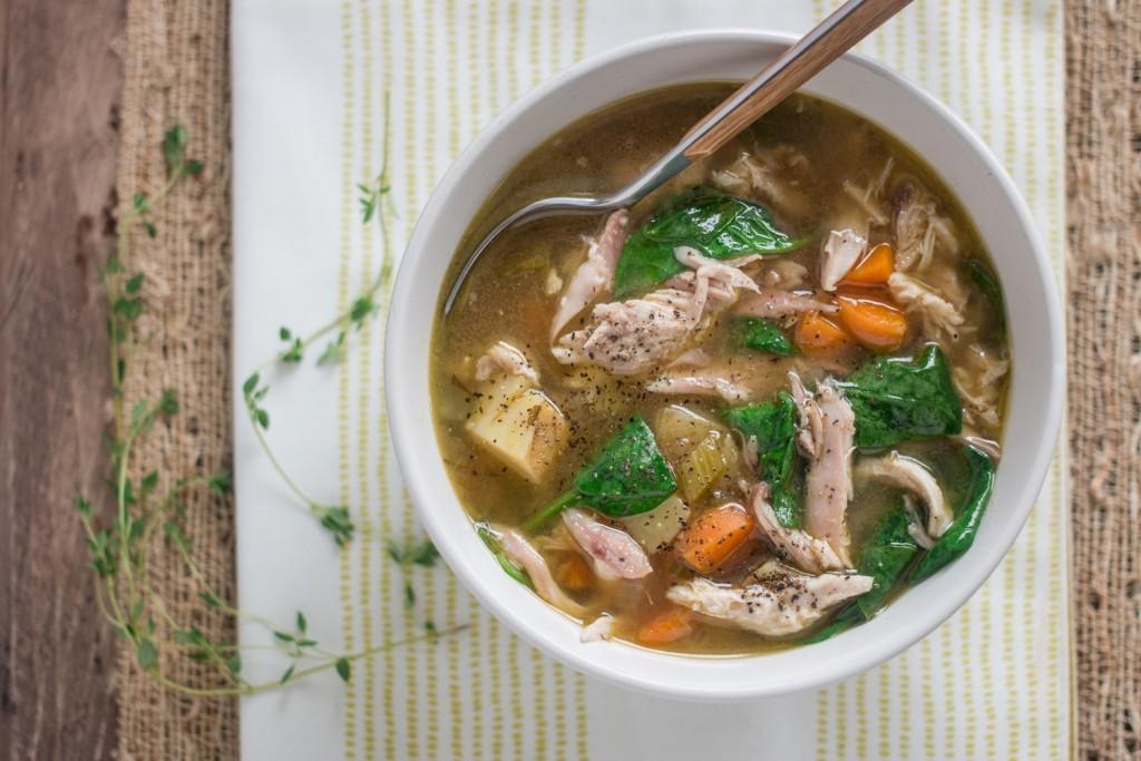 Makes 1 single portion: 495 calories, 14g protein Hearty Winter Soup 400g pre-cooked chicken, chopped 1 tablespoon vegetable oil 3 carrots, sliced 2 celery stalks, sliced 2 tablespoon parsley,
