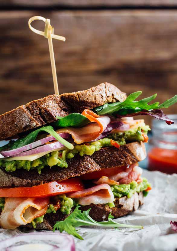Christmas Club Sandwich PORTIONS 1 COOKING TIME 10 MINUTES 1 slice white sandwich bread 1 slice multigrain sandwich bread 1 slice stuffing from turkey (approx 100g) 75g leg ham - shaved 75g roast