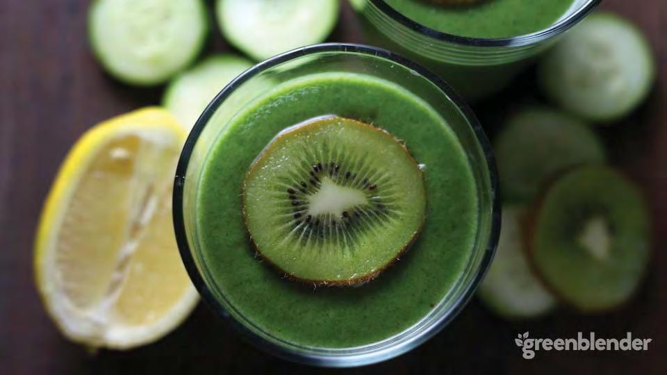 Kiwi Apple 1 1/2 oz collard greens 1 kiwi - peeled 1 persian cucumber - chopped 1 apple - chopped 1 meyer lemon - peeled 1/2 inch ginger 1 cup water 1 cup ice Blend everything together until you