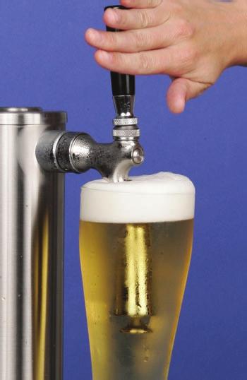 When beer fills to top of the glass, Lower the glass from