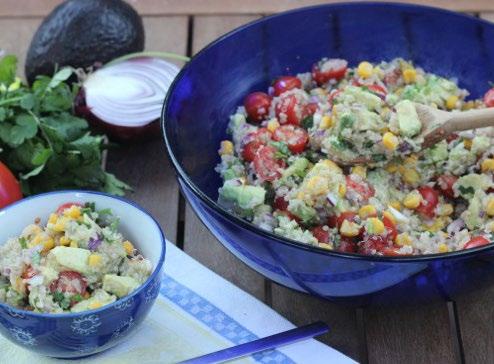 Quinoa Corn and Avocado Salad Serves 6 Photo by Eco-Vegan Gal 1½ cups cooked quinoa 1½ cups frozen corn, thawed 2 medium avocados, diced 1 cup cherry tomatoes, halved ½