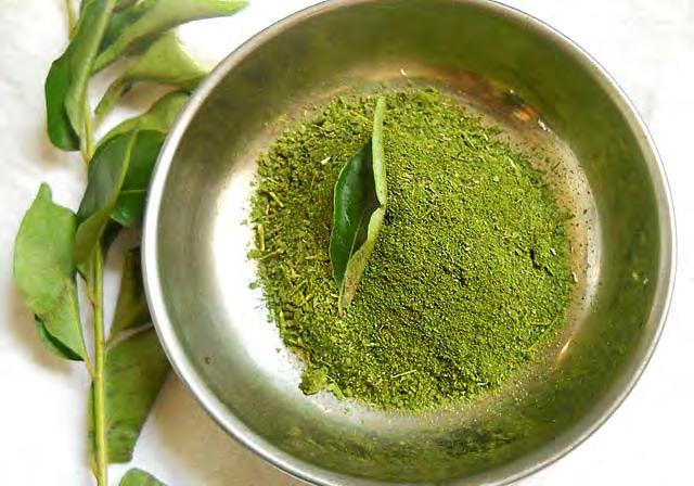 Curry Leaves Powder 1 cup firmly packed Curry Leaves (Karuveppilai / Kadi Patta) 2 tablespoons Tuvar Dal / Toor Dal (Split Pigeon Peas) 2 tablespoons Urad Dal (Split and Skinned Black Gram) 3