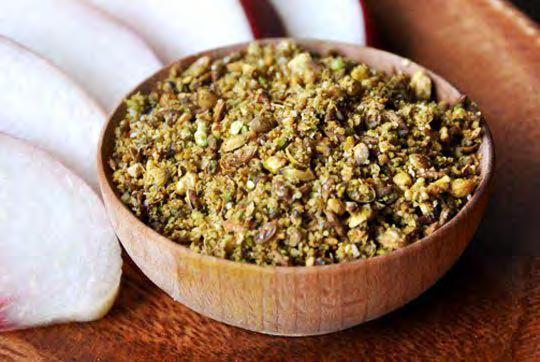 Egyptian Spice Mix: Dukkah 1 cup nuts 1/2 cup sesame seeds 1/2 cup coriander seeds 1/4 cup cumin seeds 1 teaspoon sea salt Freshly ground black pepper Yield: 2 1/4 cups Toast nuts and seeds in
