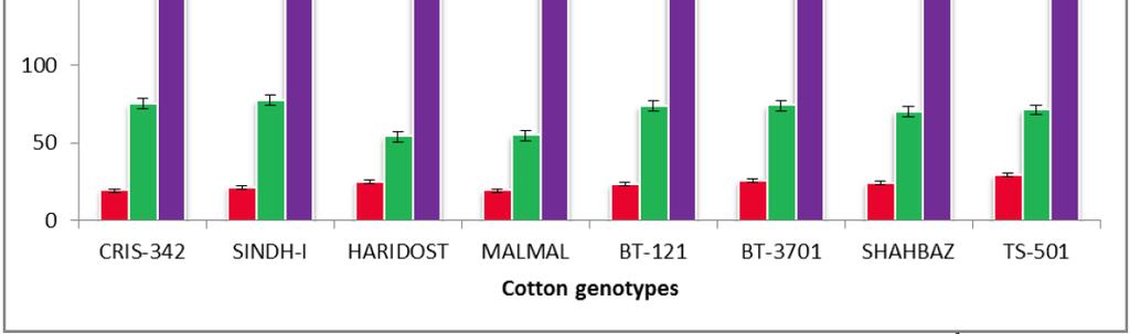 Figure 2: Mean performance of cotton genotypes for sympodial es plant -1, number of bolls plant -1 and seed cotton yield plant -1 (g) for earliness.