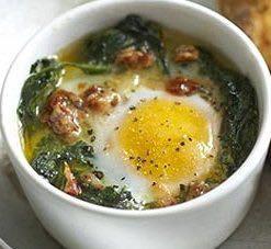 Baked Spinach Eggs serves: 4 - Prep: 25 mins. Olive oil 2 tsp Diced shallots 2 tbsp Spinach 1.