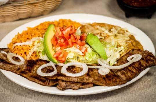 95 Tender steak marinated in our very own green sauce on a sizzling hot comal, served with rice, beans, lettuce, sour cream, tomato and your choice of tortillas Alambre... 13.