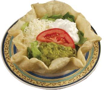 25 Soup & Salad Taco Salad A crispy flour shell filled with beef, beans, lettuce, tomatoes, cheese, sour cream and guacamole. Choice of ground beef, chicken or beef tips 5.