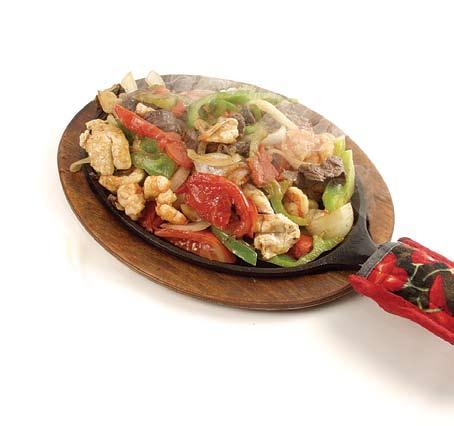 Especialidades Fajitas Fajitas Choice of chicken, beef or a combination with bell peppers, onions, lettuce, tomatoes, guacamole, nachos with cheese and beans and three flour tortillas. For One 12.