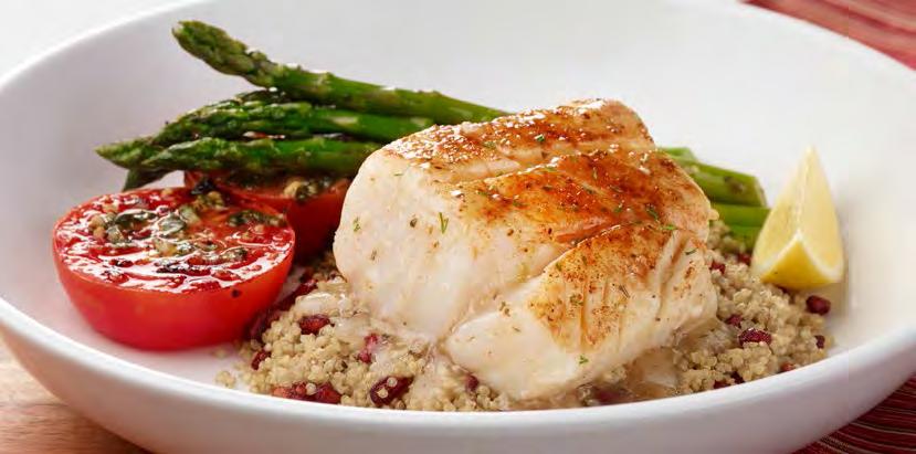 It s Back! Summertime Cod UNDER 600 CALORIE ENTRÉES It s Back! SUMMERTIME COD Wild caught Alaskan cod, over quinoa and pomegranate, grilled tomatoes, asparagus, lemon garlic sauce. 17.