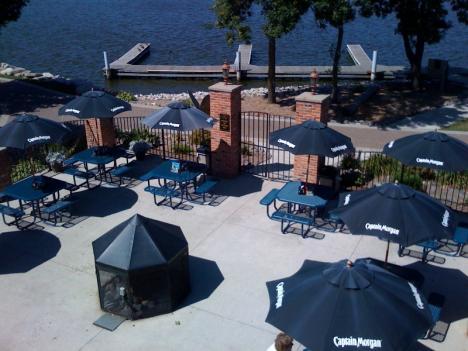 The private party room features a full-service bar, restrooms and a balcony facing the river and overlooking