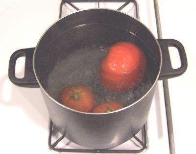 tomatoes, a few at a time in a large pot of boiling water for no more than 1 minute