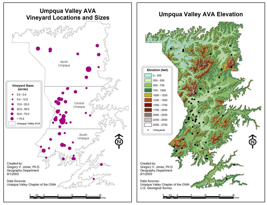 a b Figure 3 a) Location and sizes of the vineyards of the Umpqua Valley AVA (the horizontal lines represent the boundary