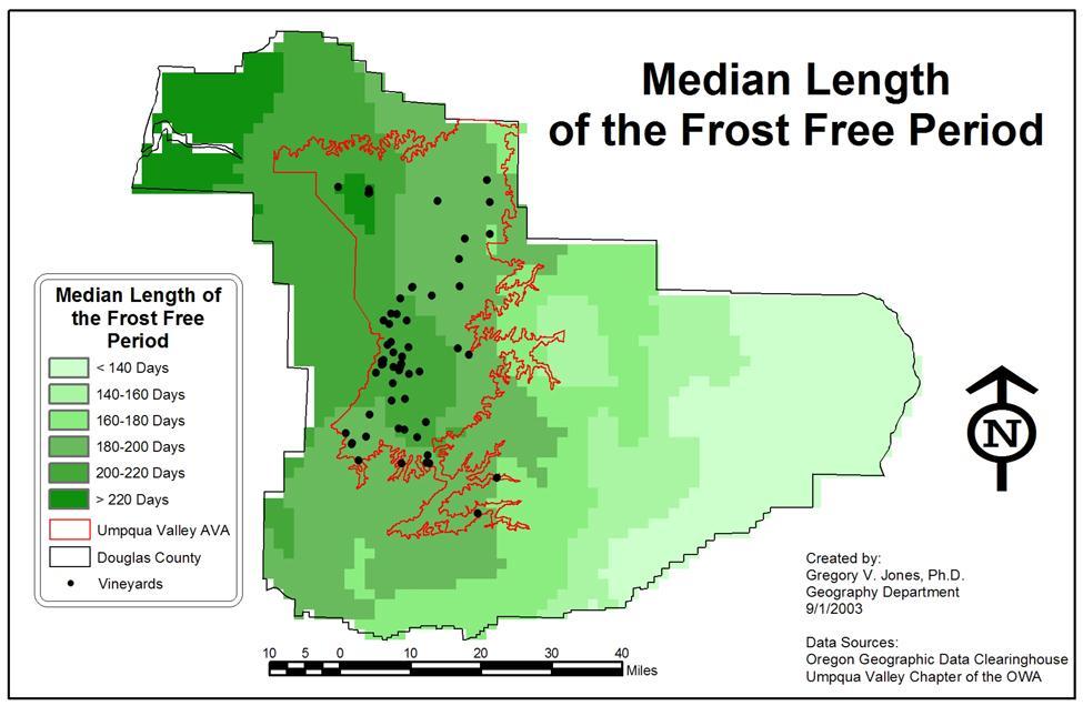 Figure 8 The length of the frost-free period for the Umpqua Valley AVA as defined by the difference between the median dates of the first fall and last spring frosts at 32 F (OCS, 2002).