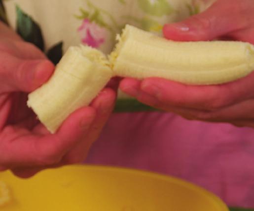 First, peel the bananas, then break them into two or three pieces each. Place them in the small bowl and mash it up with a fork. (A potato masher works great too!